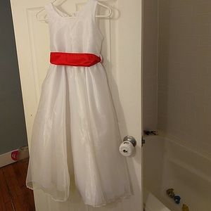 Girls White dress with red bow, brand new.